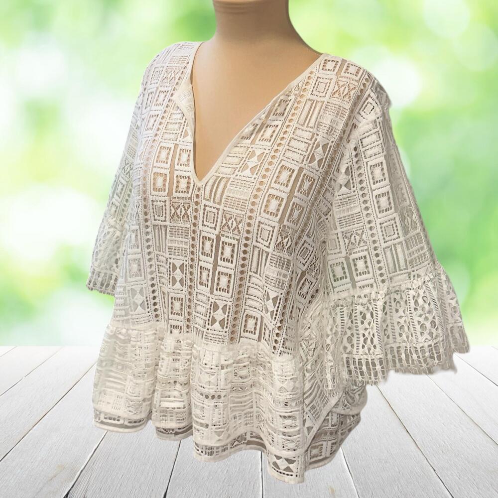 BCBGMAXAZRIA Lace Peasant Top Boho Crochet Bell Sleeve Sheer White Sz M